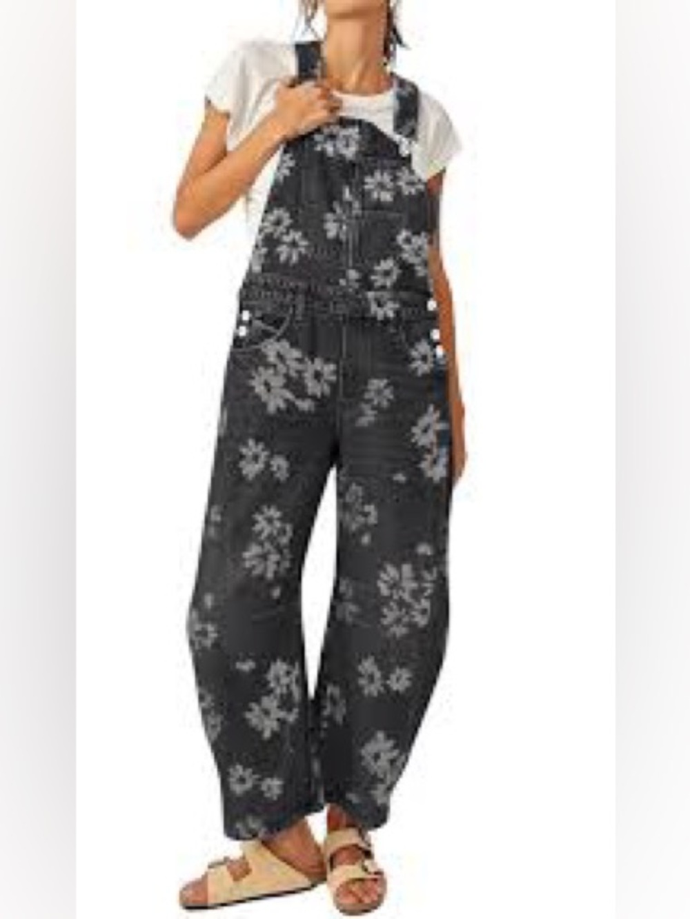 Floral Print Black Overalls Barrel Style